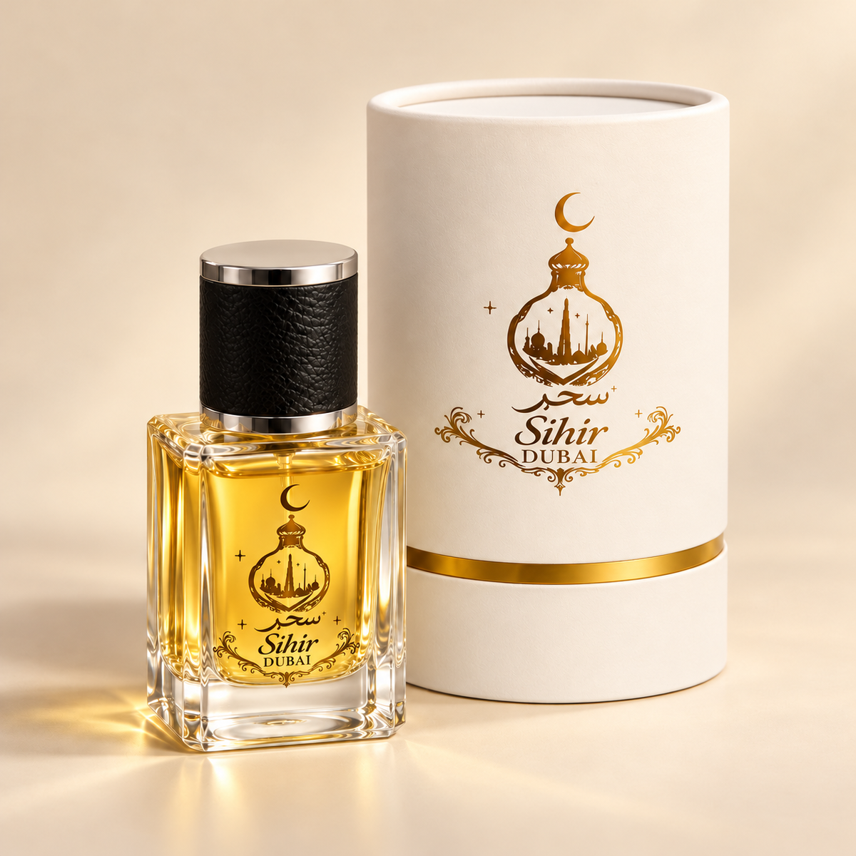 Sihir Dubai branded bottle and white-and-gold box, amber liquid digital mockup