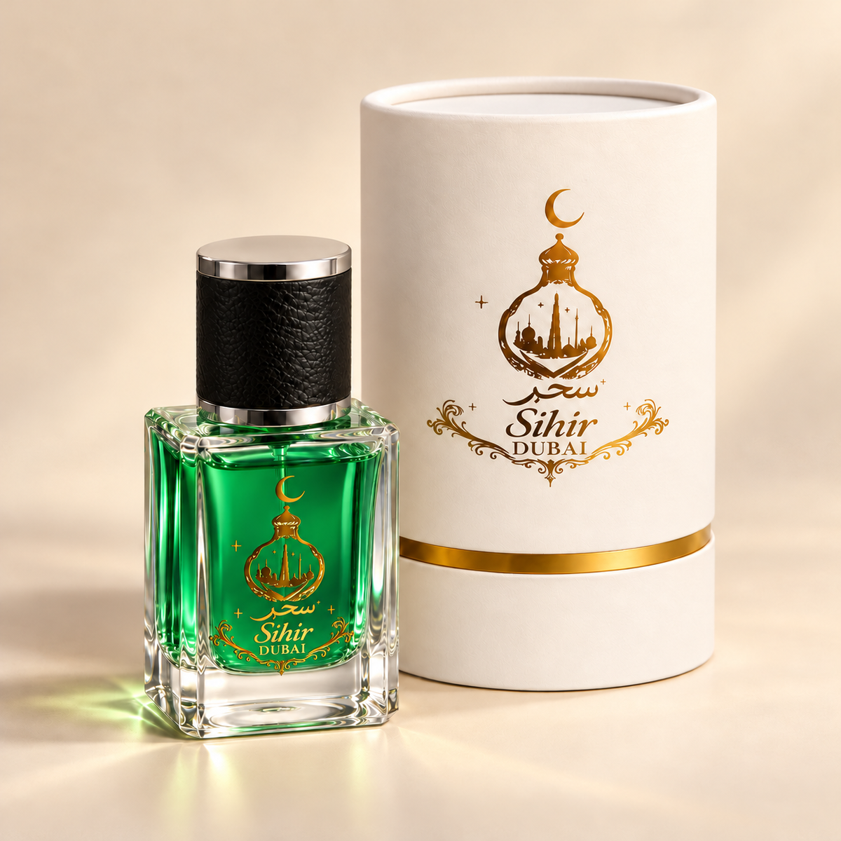 Sihir Dubai logo bottle and white-and-gold presentation box with green liquid, digital product mockup