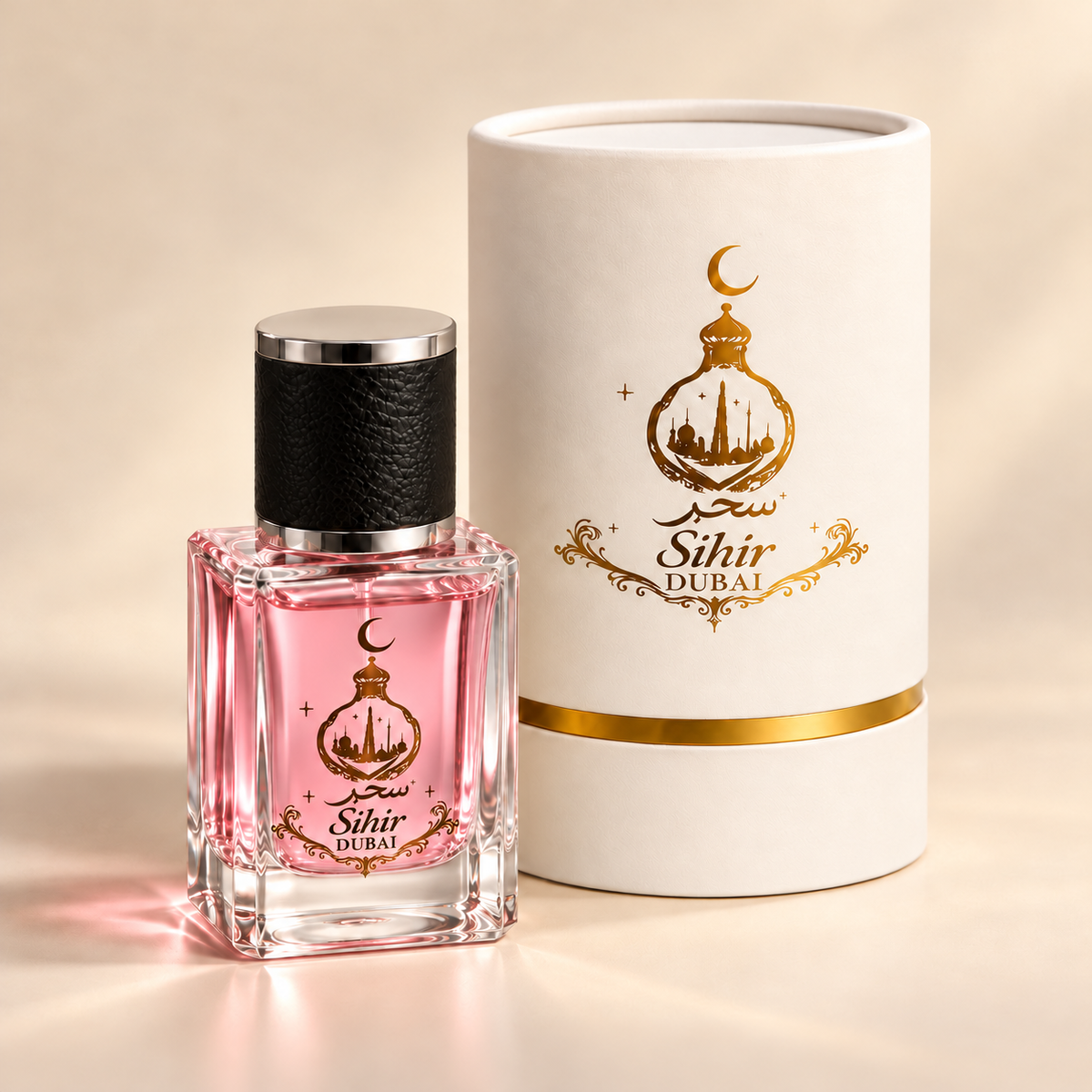 Sihir Dubai logo bottle and white-and-gold presentation box with rose liquid, digital product mockup